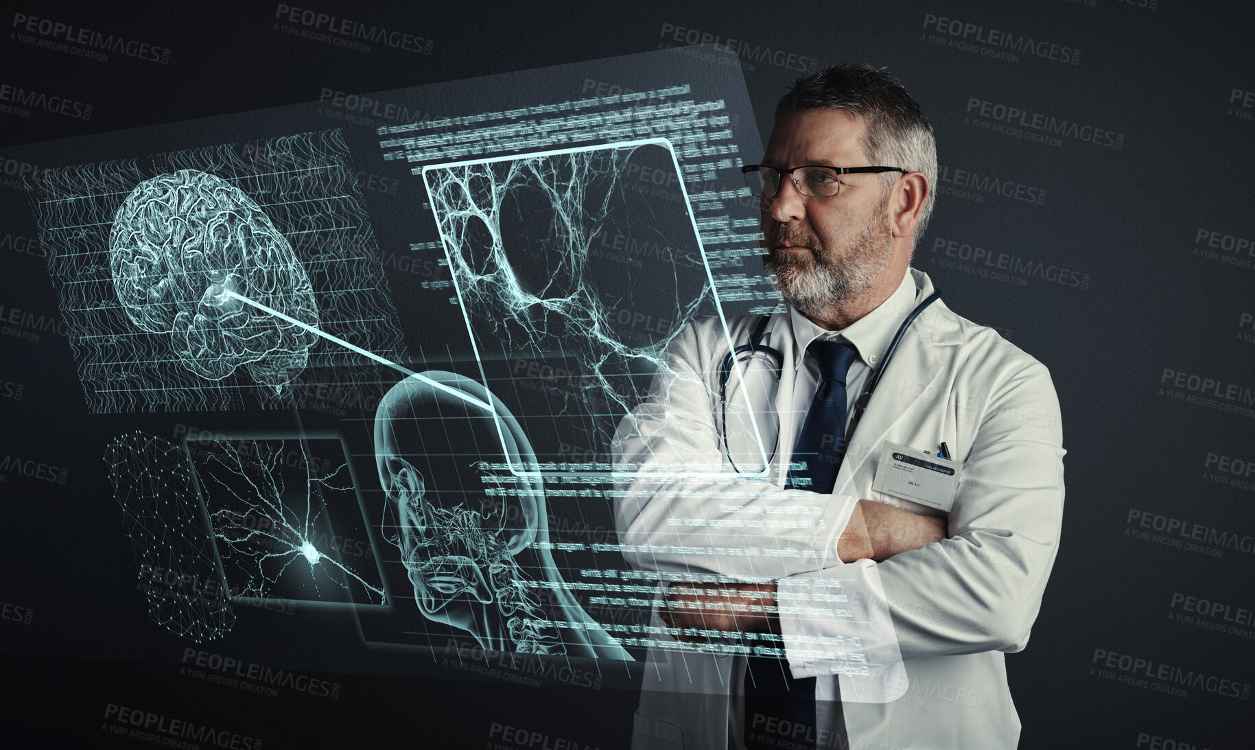 Buy stock photo Brain, neurology or doctor with 3d holographic scan of human anatomy research in hospital clinic. Data analysis, man or medical healthcare worker thinking of innovation to help science development