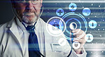 Senior doctor, healthcare or futuristic 3d hologram overlay for wellness, life insurance in hospital or clinic. Icons, man or medical abstract for future medicine innovation or digital development