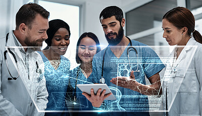 Buy stock photo Tablet, research or doctors with futuristic 3d hologram overlay for body anatomy or dna in hospital clinic. Team work, group or medical healthcare data analysis for innovation or digital development