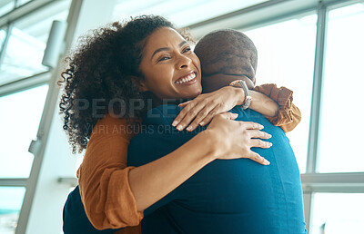 Buy stock photo Couple hug, reunion at airport and travel with love, care and relationship, happy to see partner with black people. Hello, happiness and commitment, traveling and embrace, together and greeting