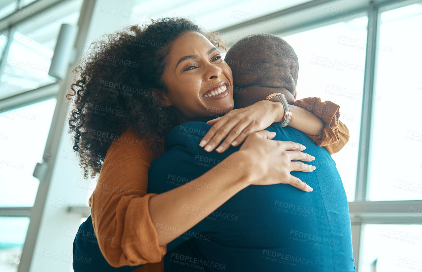 Buy stock photo Couple hug, reunion at airport and travel with love, care and relationship, happy to see partner with black people. Hello, happiness and commitment, traveling and embrace, together and greeting