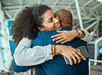 Black people hug, reunion at airport and travel with love, care and relationship, happy to see partner with couple. Hello, happiness and commitment, together and embrace with smartphone and greeting