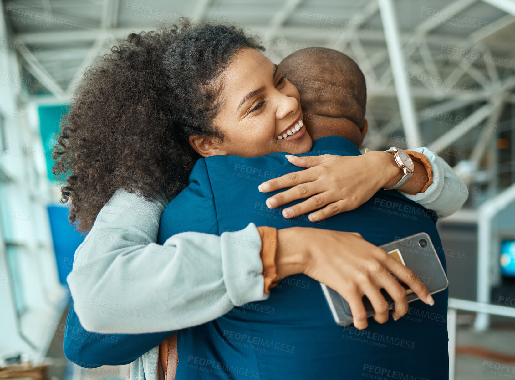 Buy stock photo Black people hug, reunion at airport and travel with love, care and relationship, happy to see partner after trip with couple. Hello, happiness and commitment, together and embrace with greeting