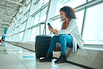 Travel, phone and black woman at airport on a video call waiting for plane travel and flight. Online, mobile connection and smile of a young female sitting at airplane terminal waiting for transport