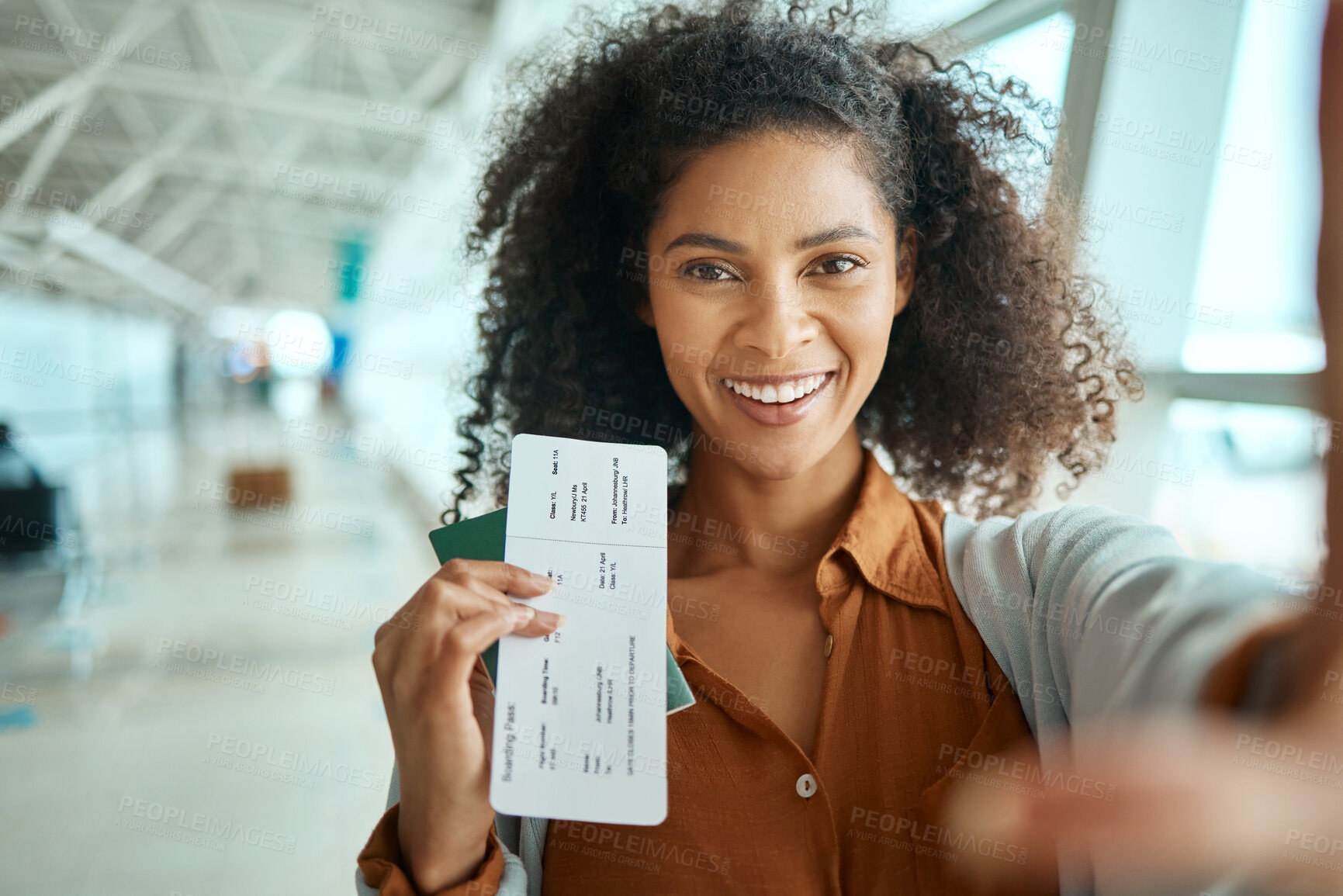 Buy stock photo Travel, ticket and selfie with black woman at airport for social media, departure and vacation. Tourism, flight and smile with portrait of passenger with passport for journey, pictures and holiday