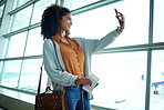 Travel, phone and selfie with black woman at airport for social media, departure and vacation. Tourism, flight and smile with passenger with passport by window for journey, pictures and holiday