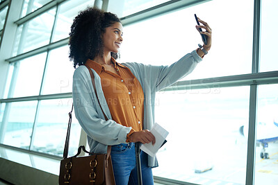 Buy stock photo Travel, phone and selfie with black woman at airport for social media, departure and vacation. Tourism, flight and smile with passenger with passport by window for journey, pictures and holiday