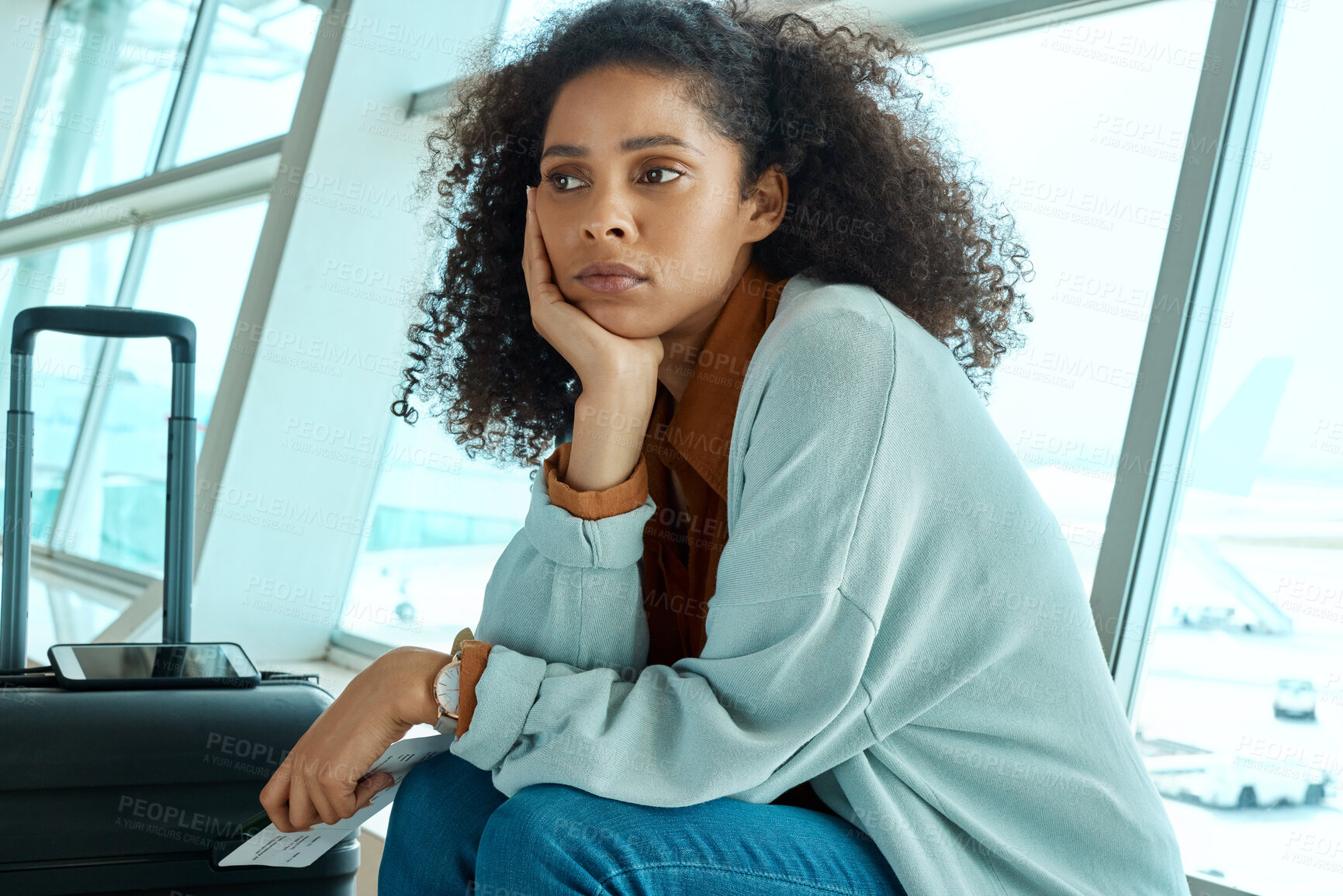 Buy stock photo Airport, flight delay and depressed woman sad for immigration fail, passport or schedule problem. Young USA person with luggage and ticket with stress, anxiety and thinking of airplane travel crisis