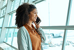 Black woman at airport, phone call and travel with communication and plane ticket, business trip or holiday. Happy, smartphone and vacation with traveling, conference or convention with technology