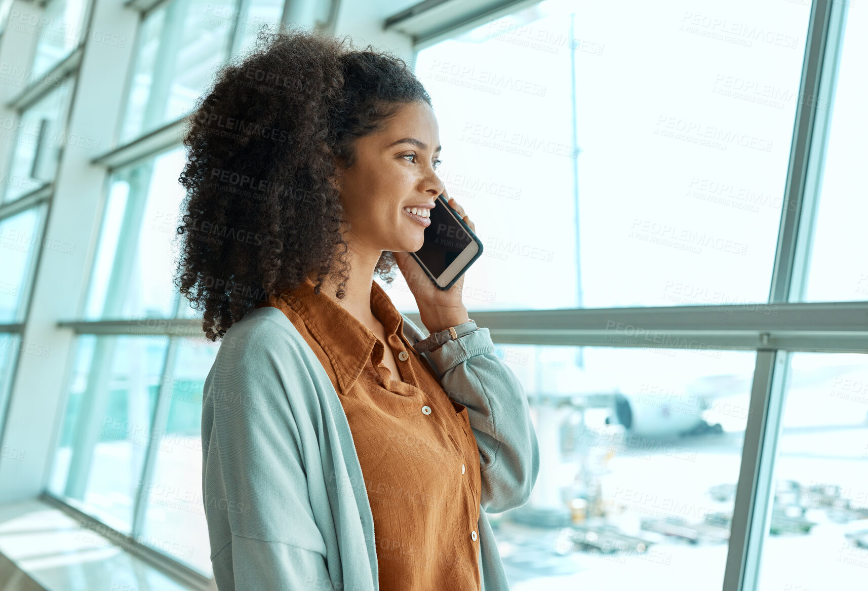 Buy stock photo Black woman at airport, phone call and travel with communication and plane ticket, business trip or holiday. Happy, smartphone and vacation with traveling, conference or convention with technology