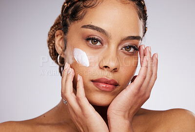 Buy stock photo Black woman, face lotion and portrait of a young model with facial mask, moisturizer and wellness. Studio, beauty and female with dermatology, collagen and cosmetic cream for skin glow and self care