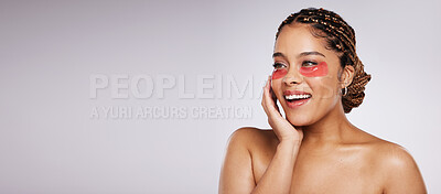 Buy stock photo Beauty, eye mask and black woman wow mockup for skincare in studio for dermatology cosmetics. Face of aesthetic model thinking on grey background with facial collagen patch for wellness glow space
