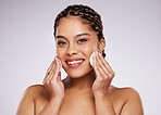 Skincare, clean and portrait of a black woman with cotton for face isolated on a grey background. Grooming, hygiene and girl cleaning makeup with cosmetic facial pads for treatment on a backdrop