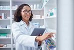 Tablet, senior woman and pharmacist stock check in pharmacy for healthcare medicine in drugstore. Medication, technology or happy female medical doctor with touchscreen for checking inventory in shop