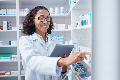 Buy stock photo Tablet, senior woman and pharmacist stock check in pharmacy for healthcare medicine in drugstore. Medication, technology or happy female medical doctor with touchscreen for checking inventory in shop
