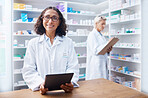 Tablet, woman and portrait of pharmacist in pharmacy for healthcare or online consultation. Medication research, telehealth technology and senior female medical doctor with touchscreen in drugstore.