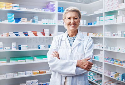 Buy stock photo Portrait, senior woman and pharmacist with arms crossed in pharmacy, drugstore or shop. Healthcare, wellness and happy, proud and confident elderly female medical professional or doctor from Canada.