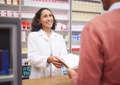 Buy stock photo Medicine, pharmacy and doctor with patient in store with mockup prescription package for healthcare. Pharmacist woman giving man pills, box or Pharma product for medical help, health and wellness