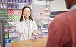 Pharmacy, help desk and pharmacist woman with customer service for neck pain, thyroid or medical support. Medicine, pharmaceutical and healthcare doctor or asian person muscle advice to sick client