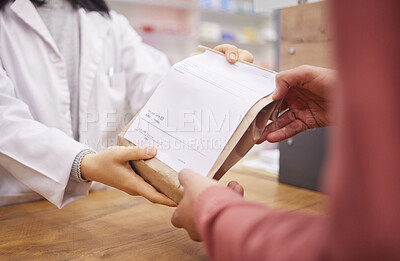 Buy stock photo Pharmacy, medicine and doctor with customer hands in store with healthcare prescription. Pharmacist woman giving patient Pharma product package for medical retail service, health and wellness
