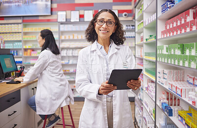 Buy stock photo Pharmacy portrait, pharmacist woman and tablet for medicine management, stock research and inventory shelf. Digital technology, retail software and medical healthcare doctor or person online services