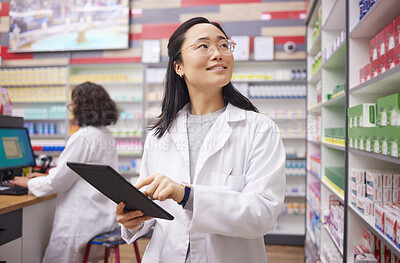 Buy stock photo Medicine, tablet and pharmacist woman for product management, stock research and pharmacy inventory. Digital technology, retail logistics and healthcare doctor or person with pharmaceutical product