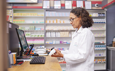 Buy stock photo Order, pills and pharmacist scanning medicine at a checkout for service at a pharmacy. Healthcare, medical and woman on a hospital pc to scan a box for a prescription, inventory and medication check