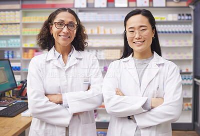 Buy stock photo Pharmacy service, portrait and women teamwork, professional help desk staff and medicine support. Diversity doctors, pharmacist or medical people proud for pharmaceutical healthcare, values and goals