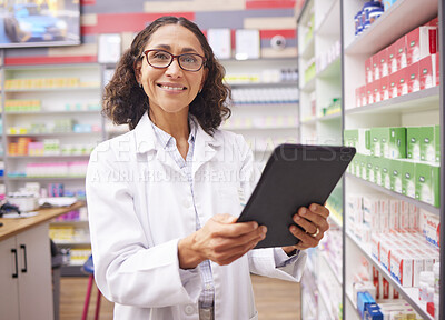Buy stock photo Pharmacy portrait, tablet and pharmacist woman for medicine management, stock research or inventory. Digital technology, retail logistics and healthcare doctor, manager or person for product services