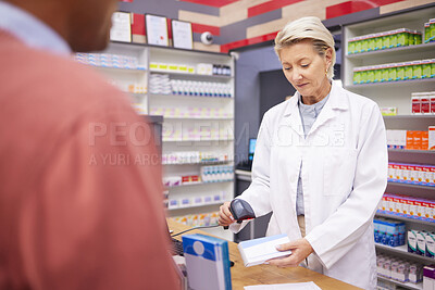 Buy stock photo Pharmacy, barcode scan and senior woman pharmacist with customer buying medicine and pills. Store payment, pharmaceutical clinic and healthcare worker scanning code for patient payment in shop