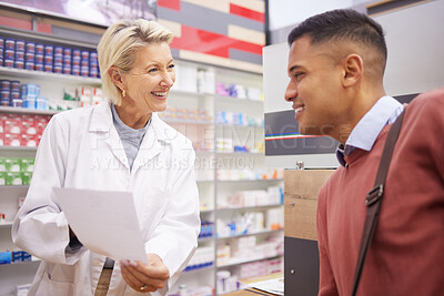 Buy stock photo Pharmacy, insurance document and male customer with pharmacist talking about pills side effects. Reading, prescription info and healthcare worker with consulting for health and wellness check