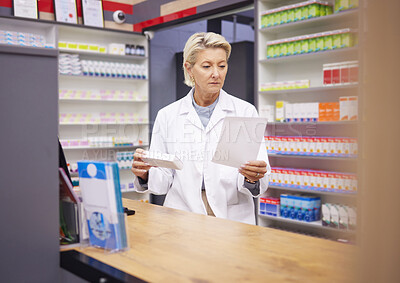 Buy stock photo Pharmacy, doctor and medicine prescription paper in retail store with mockup healthcare stock. Pharmacist woman reading info on pills, box or Pharma product for medical service, health and wellness