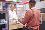 Pharmacist, doctor and customer for medicine in store with mockup stock for healthcare. Woman and man talking for advice on pills or Pharma product for medical retail service, health and wellness