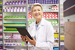 Tablet, pharmacy portrait and pharmacist woman for product management, stock research and inventory. Digital technology, retail software and senior healthcare doctor or person with medicine services