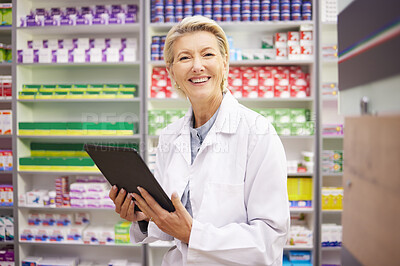 Buy stock photo Tablet, pharmacy portrait and pharmacist woman for product management, stock research and inventory. Digital technology, retail software and senior healthcare doctor or person with medicine services