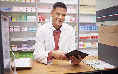 Buy stock photo Pharmacy, smile and portrait of man at counter with tablet in drugstore, customer service and medical advice. Prescription drugs, pharmacist and inventory of pills and medicine at checkout in store.