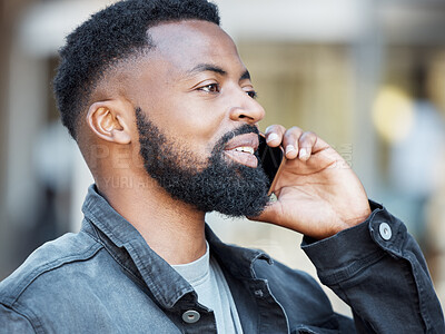 Buy stock photo Phone call, face and talking in the city with a black man closeup outdoor for wireless communication. 5g mobile technology, networking and chatting with a handsome young male outside in an urban town