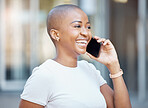 Black woman, phone call and smile for communication in the city for conversation or discussion. Happy African American female on smartphone talking and smiling for 5G connection in an urban town