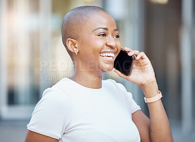 Buy stock photo Black woman, phone call and smile for communication in the city for conversation or discussion. Happy African American female on smartphone talking and smiling for 5G connection in an urban town