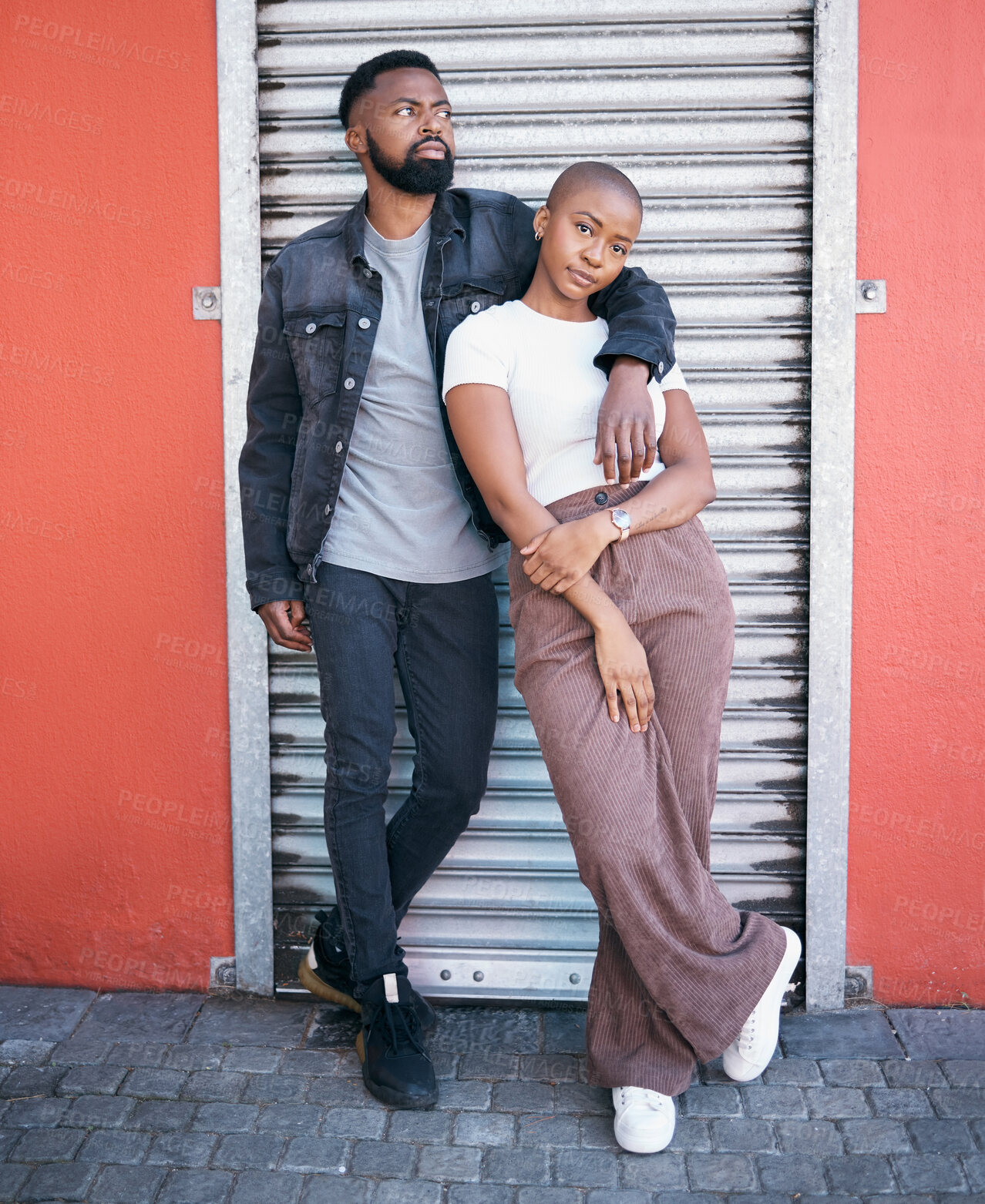 Buy stock photo Love portrait, black couple and hug in city, street or outdoors while bonding on valentines day. Romance, support and young man and woman hugging, cuddle and embrace for care and enjoying date time.