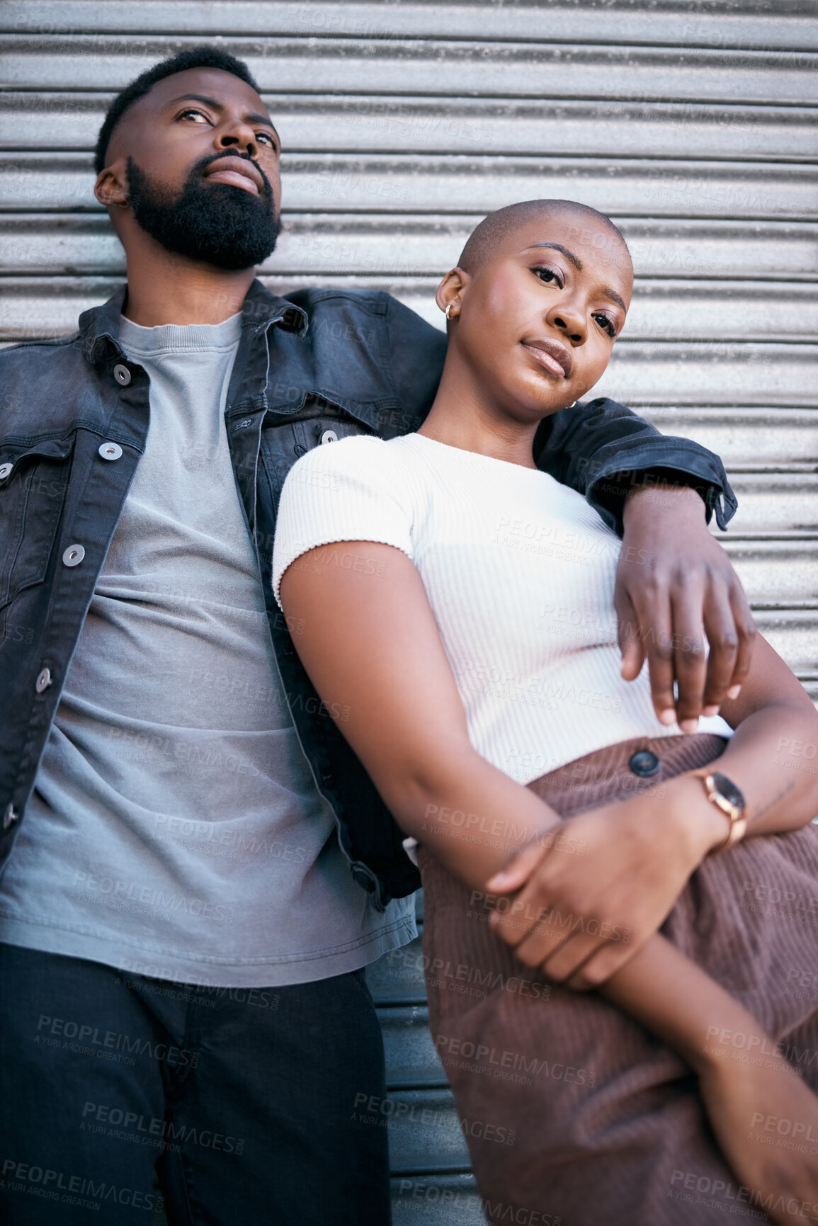 Buy stock photo Portrait, urban fashion and black couple in city to relax with love, care and date together. Cool street style of young man, woman and people in relationship outdoor for freedom of edgy lifestyle 