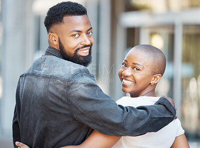 Buy stock photo Back, black couple and portrait in city for love, care and happiness on date together in Nigeria. Happy man, woman and walking in urban street, road and outdoor with hug, freedom and relax with smile