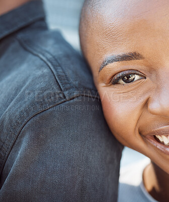 Buy stock photo Black woman, closeup face and date in city with love, care and happiness in Nigeria. Portrait, smile and happy girlfriend rest on shoulder of partner, couple and relax together in urban town outdoors