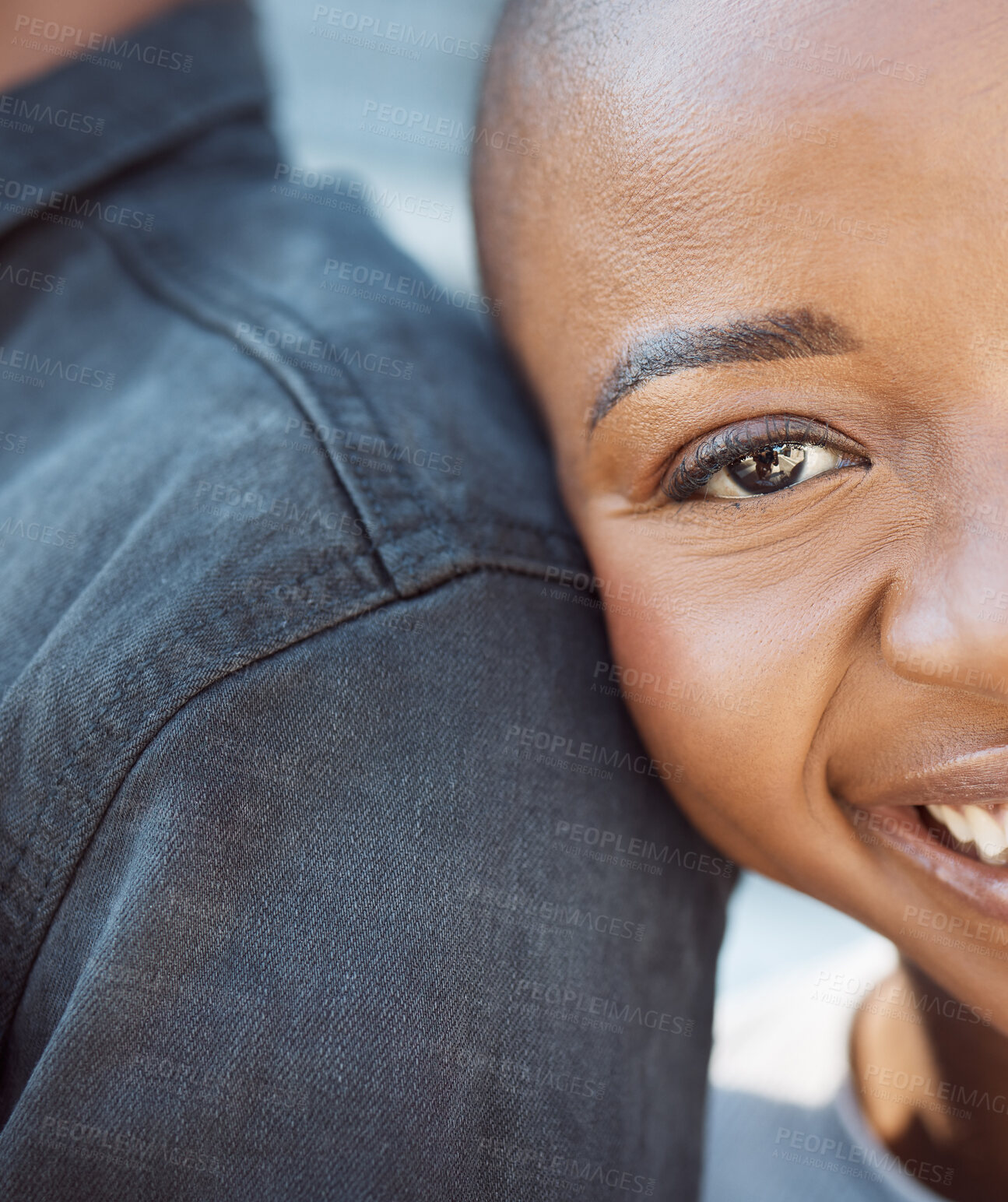 Buy stock photo Black woman, closeup face and date in city with love, care and happiness in Nigeria. Portrait, smile and happy girlfriend rest on shoulder of partner, couple and relax together in urban town outdoors
