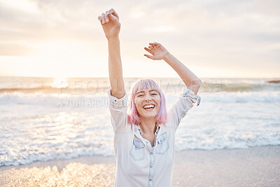 Buy stock photo Sunset, beach and portrait of excited woman having fun in waves while on holiday in Indonesia. Smile on face, freedom and travel, happy gen z girl playful on summer ocean vacation with evening dance.