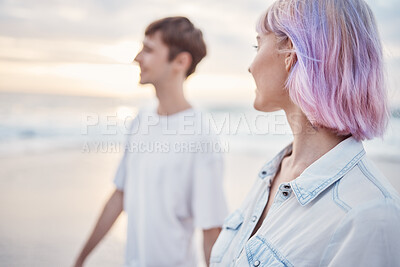 Buy stock photo Gen z couple, beach walk and sea holiday of students on vacation at sunset. Ocean, walking and relax young people together with love, care and support outdoor feeling calm with blurred background