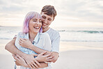 Love, beach and couple hug on date for valentines day, ocean fun and romantic embrace at sunset. Romance, happiness and gen z woman and man hug on tropical valentine holiday in Indonesia in evening.