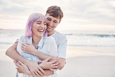 Buy stock photo Love, beach and couple hug on date for valentines day, ocean fun and romantic embrace at sunset. Romance, happiness and gen z woman and man hug on tropical valentine holiday in Indonesia in evening.