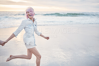 Buy stock photo Woman, beach and running while holding hands with partner on ocean sand and mockup. Outdoor, happiness and gen z person in couple by sea waves and water with freedom on holiday with mock up in nature
