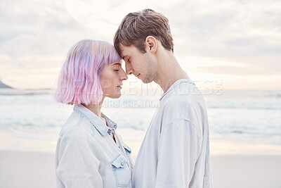 Buy stock photo Love, beach and couple with a intimate moment while on summer date for valentines day or anniversary. Romance, sea and young gen z man and woman embracing with intimacy by ocean together in Australia